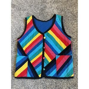 Handmade Granny Chic Women’s Quilted Vest Sz Small/Medium Rainbow Heart Button